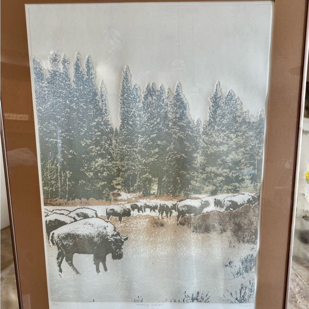 Signed in numbered Ted Thomas Framed Nature Illustration with Bison and Forest